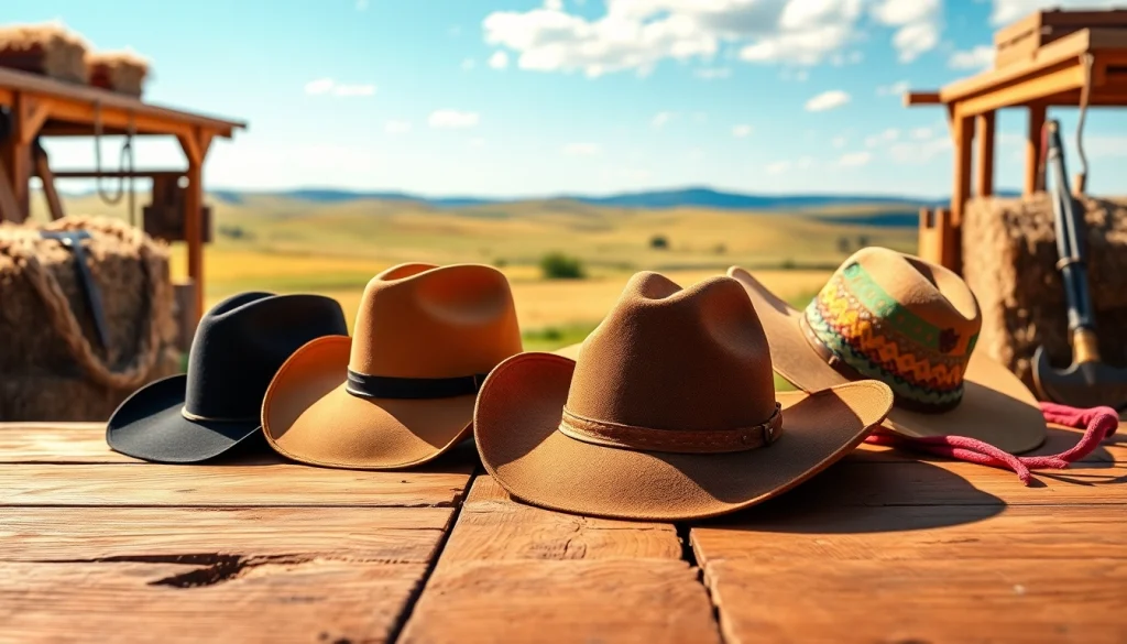 Different styles of Cowboy Hats showcased on a rustic table with a ranch backdrop.