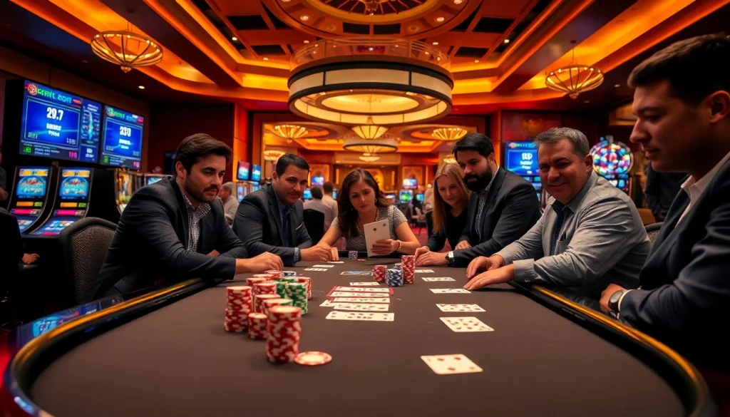 Experience the excitement of idn poker at a luxurious casino table with engaged players and vibrant atmosphere.