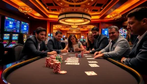 Experience the excitement of idn poker at a luxurious casino table with engaged players and vibrant atmosphere.