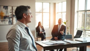 Greenville Personal Injury Lawyers consulting with a client in a modern office.