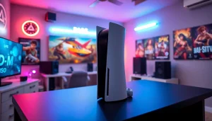 Gra na PS5 w nowoczesnym studiu gier z neonowymi akcentami i dynamiczną atmosferą.