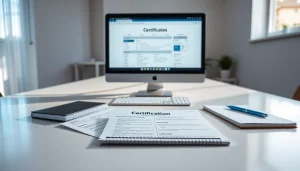 Explore options to get certified illustrated on a sleek desk with computer and study materials.