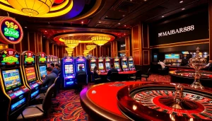 Pemain MABAR88 menikmati aksi taruhan tinggi pada mesin slot yang berwarna-warni di lingkungan kasino mewah.