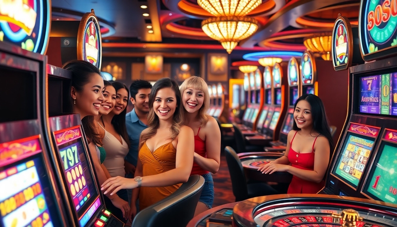 Players enjoying slot88 gacor games at a vibrant casino, embodying excitement and thrilling wins.