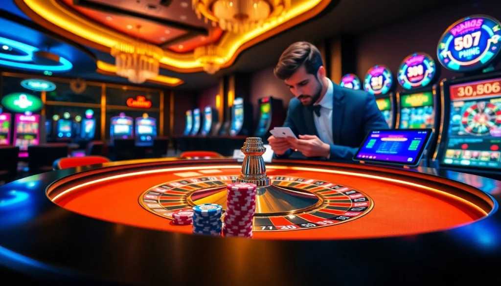 Experience the thrill of Jun888 with professional casino gameplay featuring luxury poker chips and a roulette table.