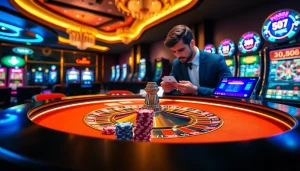 Experience the thrill of Jun888 with professional casino gameplay featuring luxury poker chips and a roulette table.