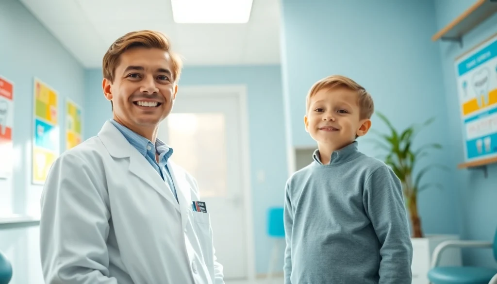 Orthodontic near me: A welcoming orthodontist greeting a child in a bright dental office.