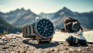 Explore the features of the Explorer GPS Smart Watch on an outdoor table amidst scenic mountains.