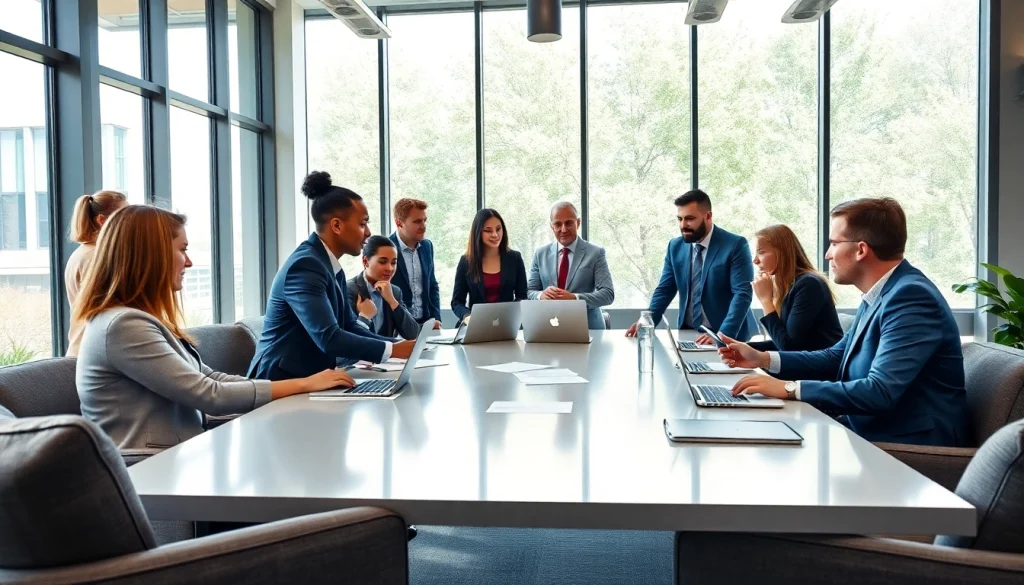 Professionals discussing Federal and State contracts pre-post award compliance in a modern office setting.