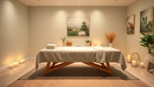 편안한 분위기와 웰니스 필수 요소가 갖춰진 릴랙싱 마사지 치료실.