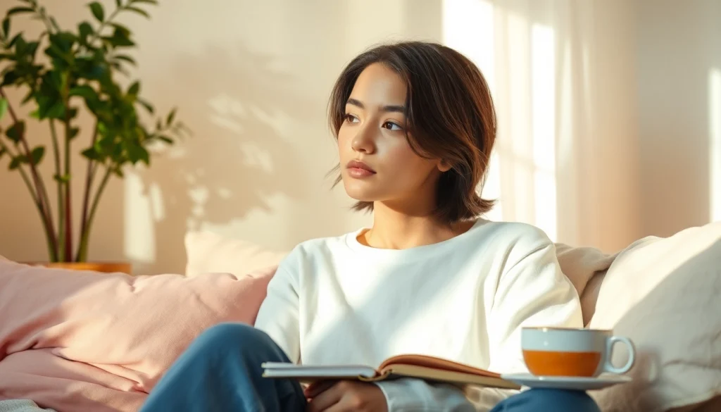 Anxiety symptoms depicted through a serene individual reflecting in a cozy setting.