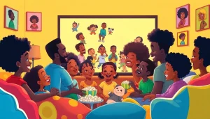A group of children enjoying African American cartoons in a colorful living room setting.