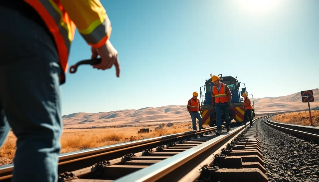 Workers engaged in Railroad Construction, aligning steel rails in a dynamic setting.