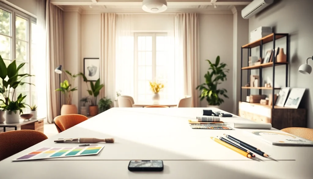 Projektant wnętrz online tworzy koncepcje w nowoczesnym biurze z narzędziami do projektowania.