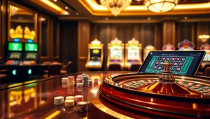 An engaging view of a gaming table showcasing poker chips and a slot machine, representing Trang chủ Luck8's casino excitement.