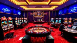 Exciting gaming experience at Nhà cái Luckywin with classy casino tables and vibrant slot machines.