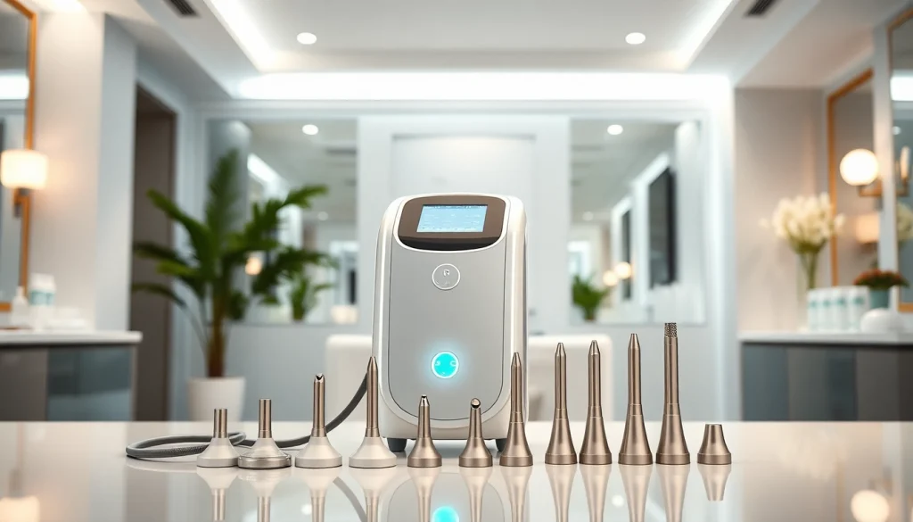 Hydrofacial machine 3 in 1 displayed in a modern beauty salon with spa decor.