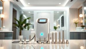 Hydrofacial machine 3 in 1 displayed in a modern beauty salon with spa decor.