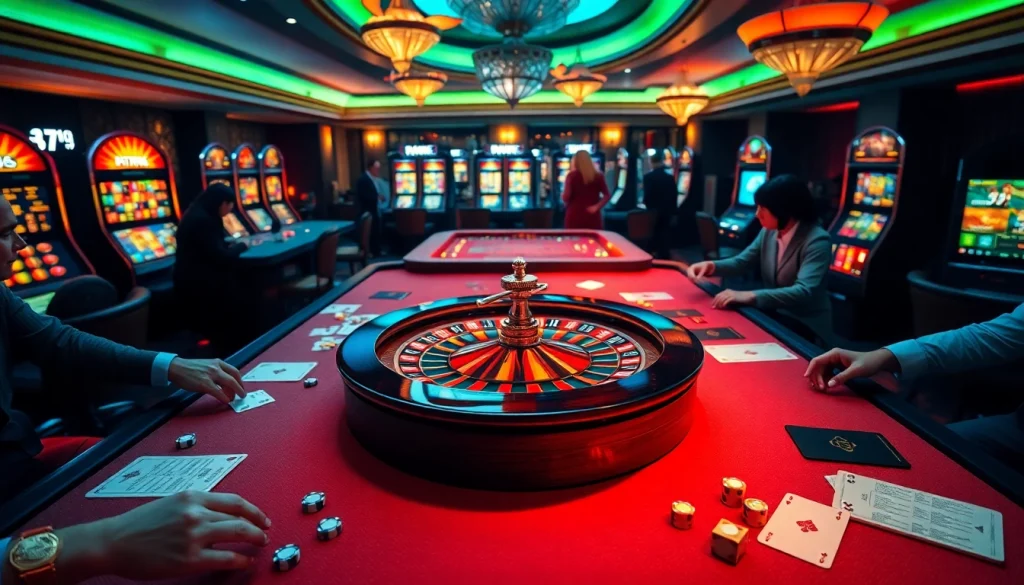 Engaging casino scene at https://twin68.gr.com/ featuring roulette wheel and vibrant gaming tables.