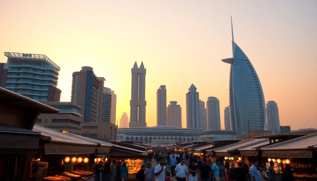 Engaging Dubai City Guide showcasing the skyline and vibrant market scene at sunset.