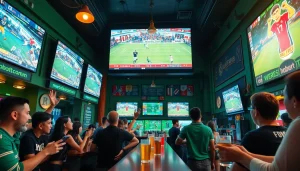 Enthusiastic fans enjoying live sports streaming at a 토토스토리 sports bar.