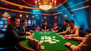 Experience high-stakes action at https://777vipbr.app/ with a luxurious casino scene featuring intense poker gameplay and vibrant decor.