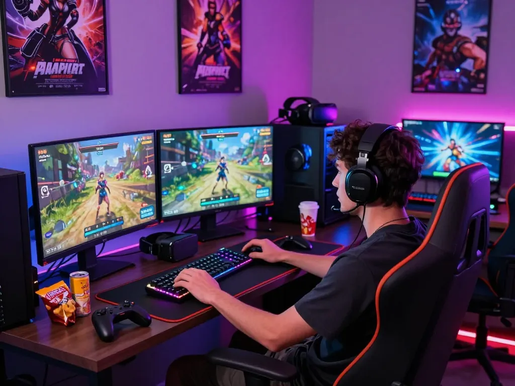 Engaged player enjoying AI porn games in a vibrant gaming setup with neon lights