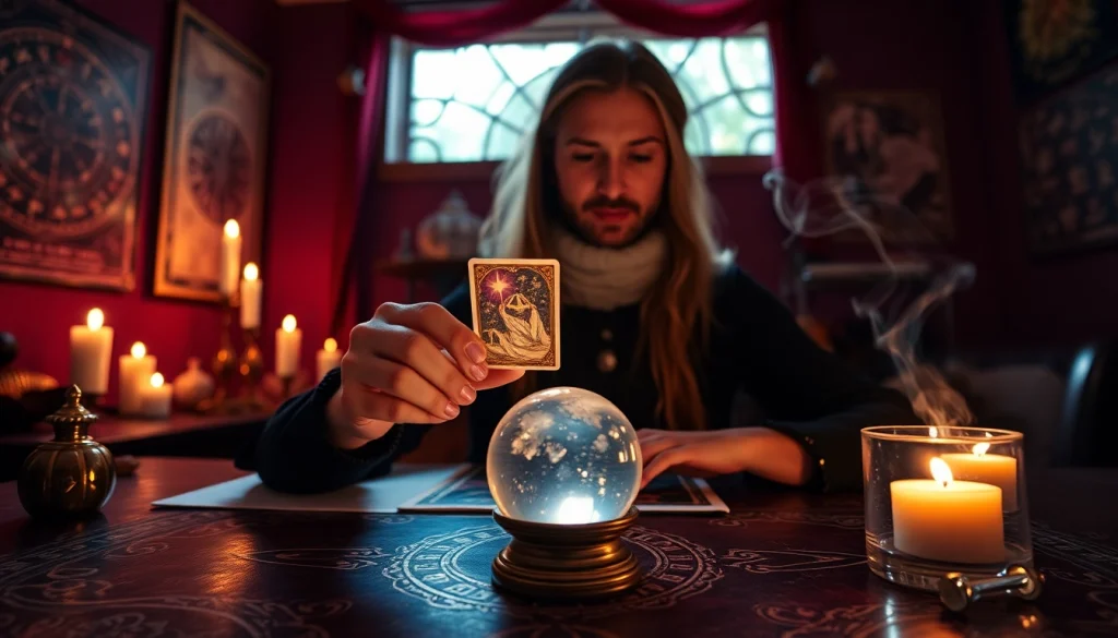 温かさと信頼感を持って電話占い当たるサービスを紹介する、静かで神秘的な環境での魅力的なタロットリーダー。