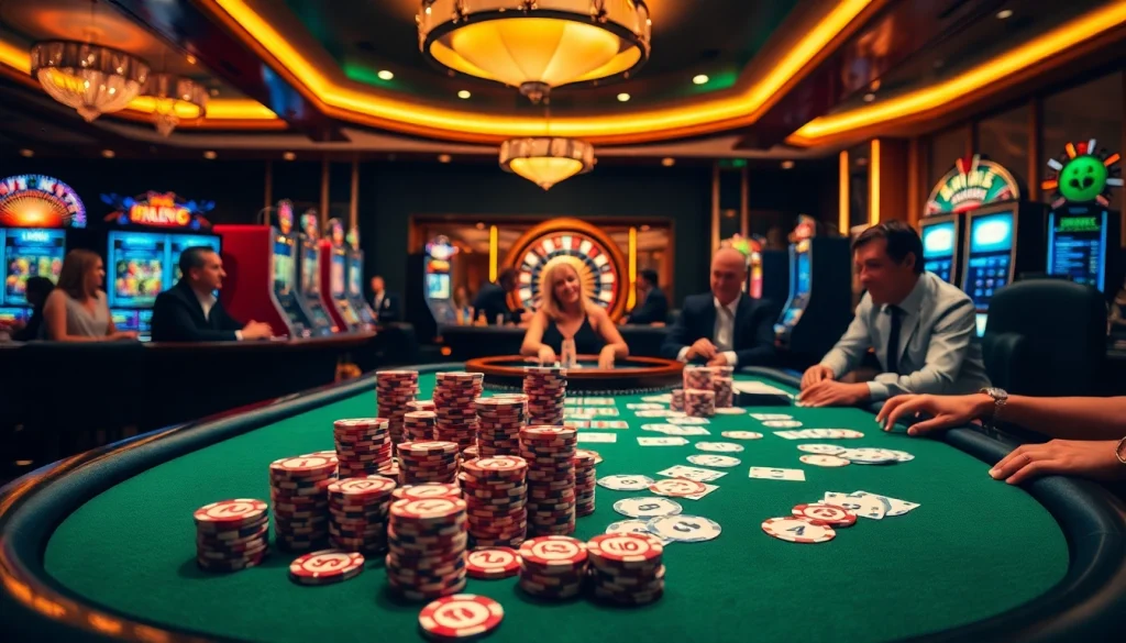 Pemain poker yang terlibat menikmati idn play di meja kasino yang vibrant dengan chip dan kartu.