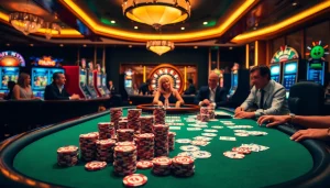 Pemain poker yang terlibat menikmati idn play di meja kasino yang vibrant dengan chip dan kartu.