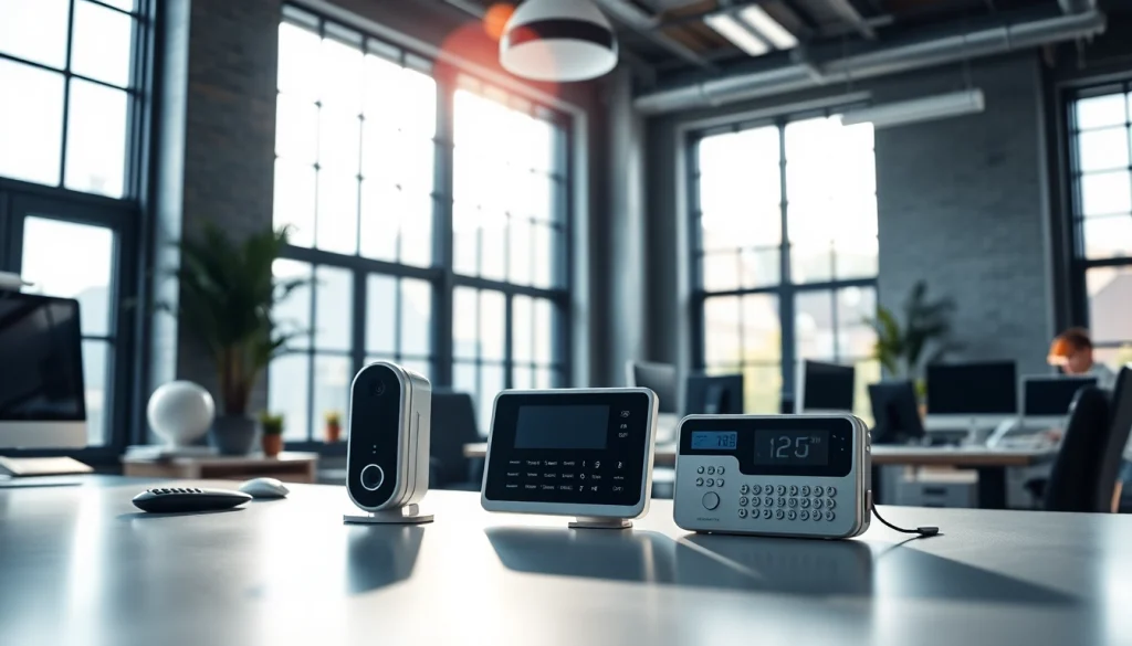 Alarmas de seguridad avanzadas mostradas en una oficina moderna, destacando su fiabilidad y profesionalismo.