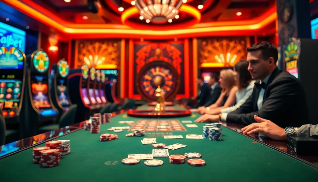 Engaging players at thabet college enjoying a premier poker game with vibrant casino elements.