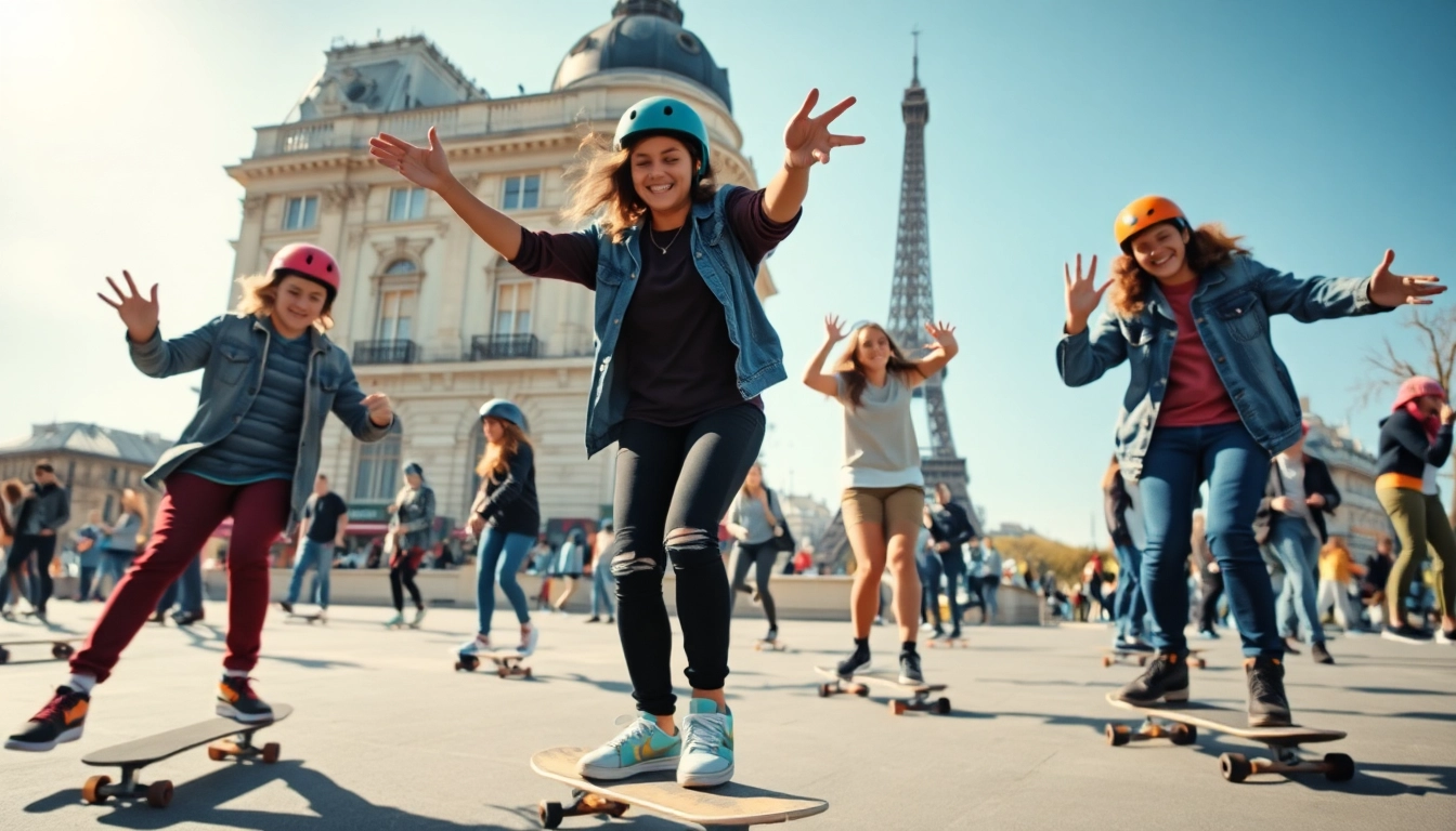 Exciting skateboard classes in Paris with diverse students practicing in a vibrant urban setting.