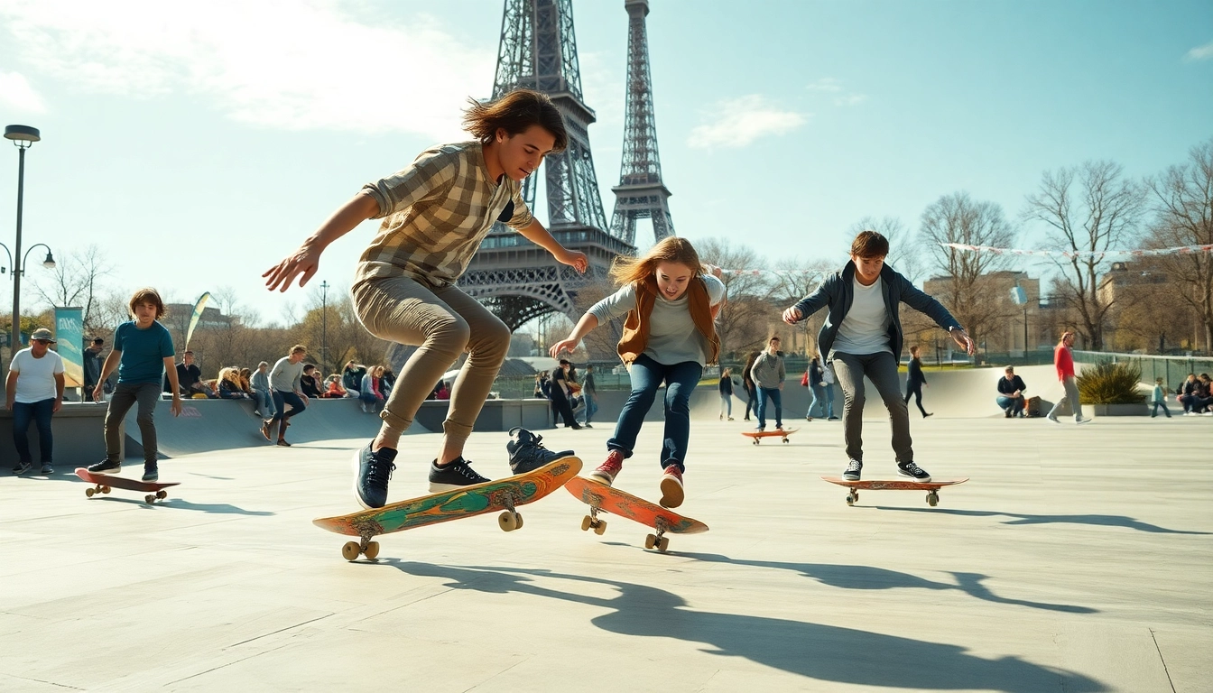 Skateboard classes in Paris showcasing skateboarders practicing tricks in a vibrant urban setting.