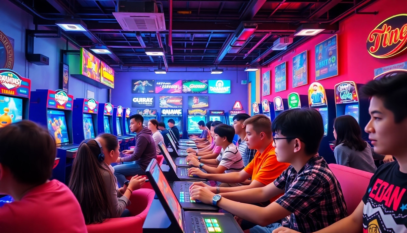 Players enjoying daman games in a lively gaming arcade filled with vibrant colors.