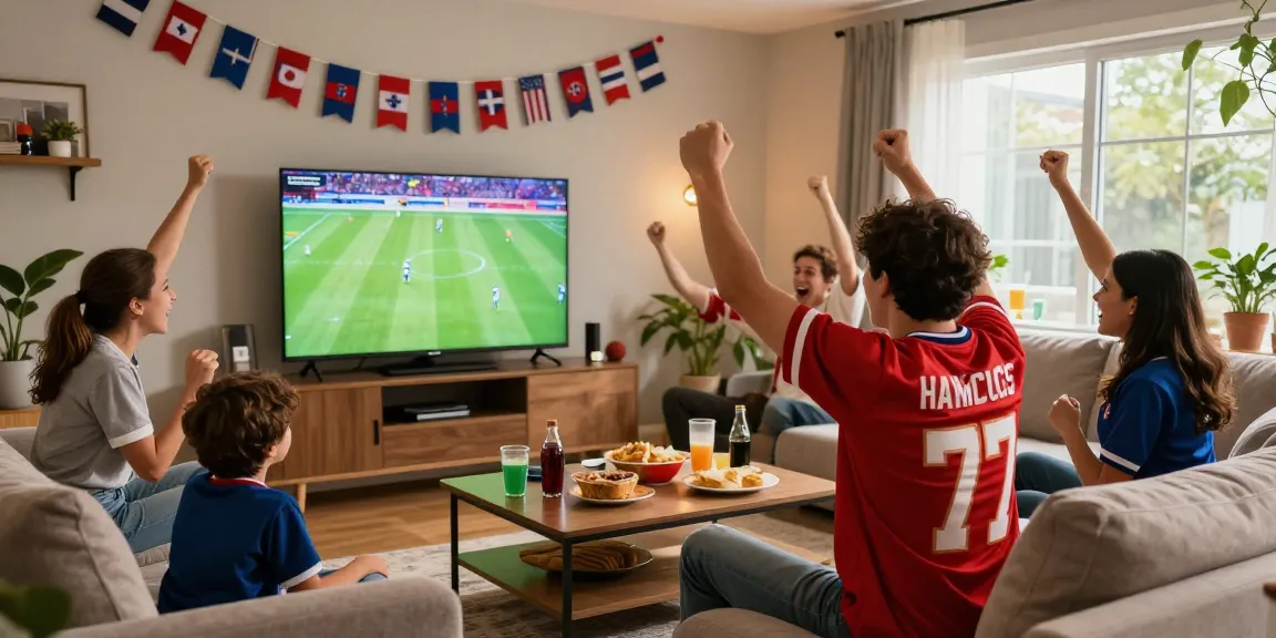Nonton bola seru di ruang tamu bersama teman-teman, layar TV menampilkan pertandingan sepak bola langsung.